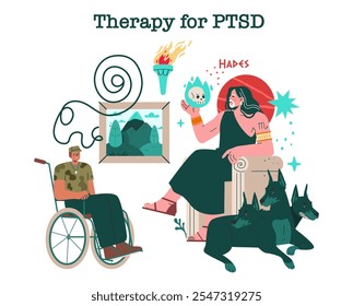 Hades PTSD conceito especialista. Representação mitológica da terapia com um soldado, divindade grega e Cerberus. Cura através do simbolismo antigo. Ilustração vetorial.