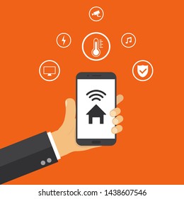 Hadnd holding smartphone with smart home security control application. House safety concept illustration in trendy flat design. EPS 10