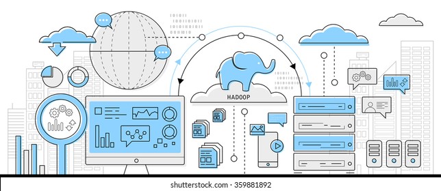 Hadoop Big Data Concept, Info Graphic Business Line Icon - Flat Design Vector