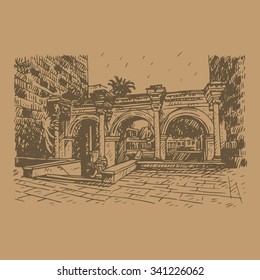 Hadrian's Gate in old city of Antalya, Turkey. Vector freehand pencil sketch.