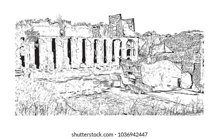 Hadrian's Villa is a large Roman archaeological complex at Tivoli, Italy. Hand drawn sketch illustration in vector.