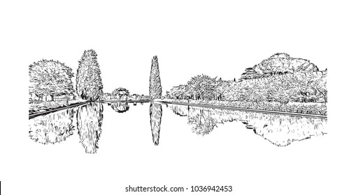 Hadrian's Villa is a large Roman archaeological complex at Tivoli, Italy. Hand drawn sketch illustration in vector.