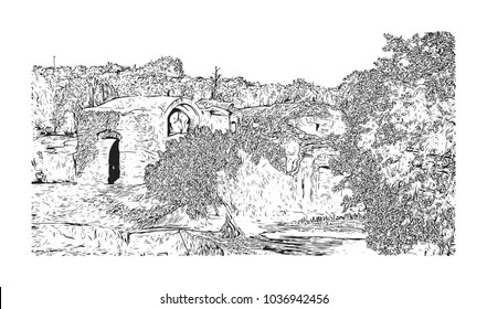 Hadrian's Villa is a large Roman archaeological complex at Tivoli, Italy. Hand drawn sketch illustration in vector.