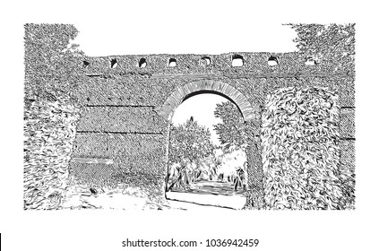 Hadrian's Villa is a large Roman archaeological complex at Tivoli, Italy. Hand drawn sketch illustration in vector.