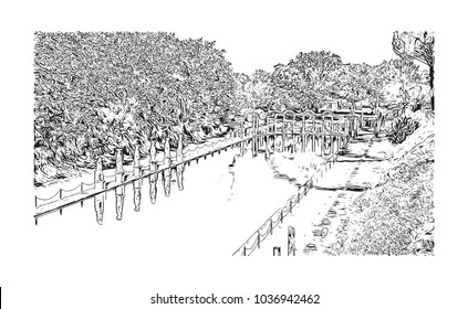 Hadrian's Villa is a large Roman archaeological complex at Tivoli, Italy. Hand drawn sketch illustration in vector.