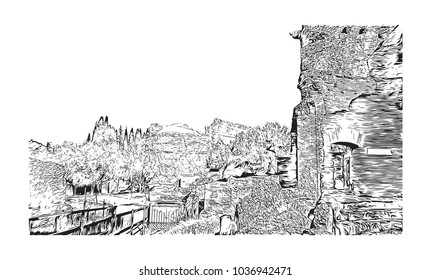 Hadrian's Villa is a large Roman archaeological complex at Tivoli, Italy. Hand drawn sketch illustration in vector.