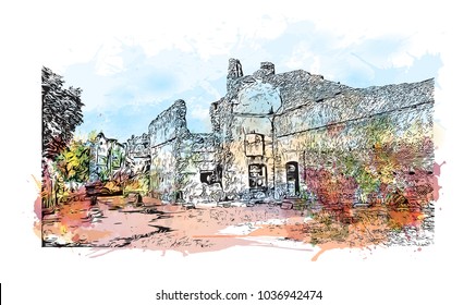 Hadrian's Villa is a large Roman archaeological complex at Tivoli, Italy. Watercolor splash with Hand drawn sketch illustration in vector.