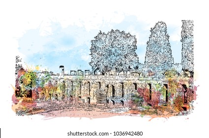 Hadrian's Villa is a large Roman archaeological complex at Tivoli, Italy. Watercolor splash with Hand drawn sketch illustration in vector.