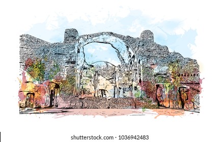 Hadrian's Villa is a large Roman archaeological complex at Tivoli, Italy. Watercolor splash with Hand drawn sketch illustration in vector.