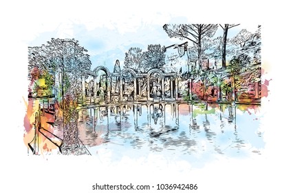 Hadrian's Villa is a large Roman archaeological complex at Tivoli, Italy. Watercolor splash with Hand drawn sketch illustration in vector.