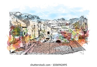 Hadrian's Villa is a large Roman archaeological complex at Tivoli, Italy. Watercolor splash with Hand drawn sketch illustration in vector.