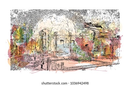 Hadrian's Villa is a large Roman archaeological complex at Tivoli, Italy. Watercolor splash with Hand drawn sketch illustration in vector.