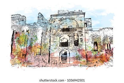 Hadrian's Villa is a large Roman archaeological complex at Tivoli, Italy. Watercolor splash with Hand drawn sketch illustration in vector.