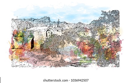 Hadrian's Villa is a large Roman archaeological complex at Tivoli, Italy. Watercolor splash with Hand drawn sketch illustration in vector.