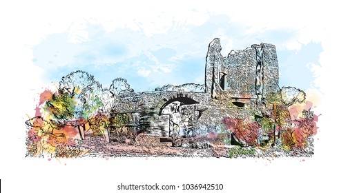 Hadrian's Villa is a large Roman archaeological complex at Tivoli, Italy. Watercolor splash with Hand drawn sketch illustration in vector.