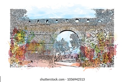 Hadrian's Villa is a large Roman archaeological complex at Tivoli, Italy. Watercolor splash with Hand drawn sketch illustration in vector.