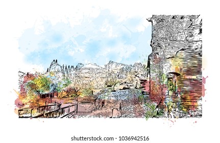 Hadrian's Villa is a large Roman archaeological complex at Tivoli, Italy. Watercolor splash with Hand drawn sketch illustration in vector.