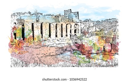 Hadrian's Villa is a large Roman archaeological complex at Tivoli, Italy. Watercolor splash with Hand drawn sketch illustration in vector.