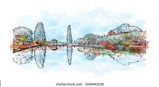 Hadrian's Villa is a large Roman archaeological complex at Tivoli, Italy. Watercolor splash with Hand drawn sketch illustration in vector.