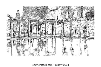 Hadrian's Villa is a large Roman archaeological complex at Tivoli, Italy. Hand drawn sketch illustration in vector.