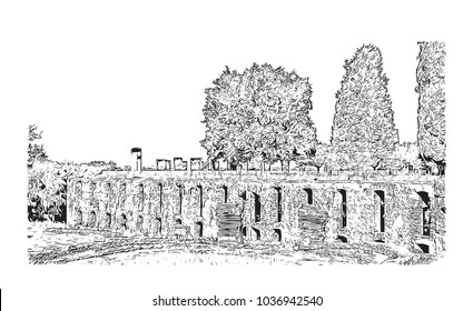 Hadrian's Villa is a large Roman archaeological complex at Tivoli, Italy. Hand drawn sketch illustration in vector.