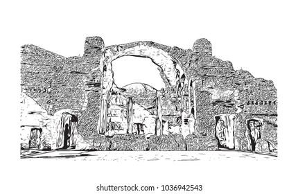 Hadrian's Villa is a large Roman archaeological complex at Tivoli, Italy. Hand drawn sketch illustration in vector.