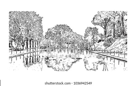 Hadrian's Villa is a large Roman archaeological complex at Tivoli, Italy. Hand drawn sketch illustration in vector.