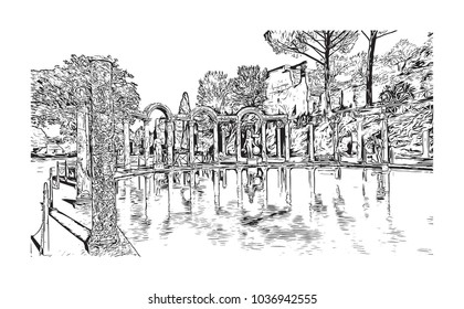 Hadrian's Villa is a large Roman archaeological complex at Tivoli, Italy. Hand drawn sketch illustration in vector.