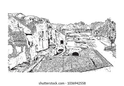 Hadrian's Villa is a large Roman archaeological complex at Tivoli, Italy. Hand drawn sketch illustration in vector.