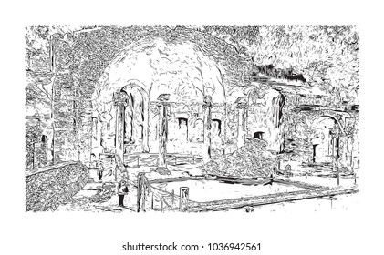 Hadrian's Villa is a large Roman archaeological complex at Tivoli, Italy. Hand drawn sketch illustration in vector.