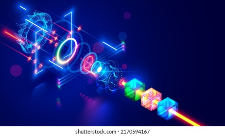 Hadron Collider Tech Illustration. Science Nuclear Accelerator Elementary Particles. Quantum Scientific Experiment Collision Atoms, Electrons, Protons, Neutrons. Physical Research Matter, Antimatter.