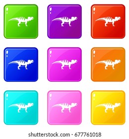 Hadrosaurid dinosaur icons of 9 color set isolated vector illustration