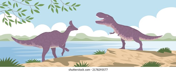 Hadrosaurus vs tyrannosaurus rex. Lizard fight. Ceratops with dangerous horns. Dinosaur of the Jurassic period. Science paleontology. Vector cartoon illustration of prehistoric nature background