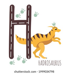 Hadrosaurus.Letter H with reptile name.Hand drawn cute herbivores dinosaur.Educational prehistoric illustration.Sketch Jurassic,Mesozoic animal.Childish funny comic font.Enjoy learning.Dino alphabet.