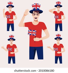 A Hadsome Man With British Flag. A Set Of Fan Emotions. Vector Illustration On Cartoon Style.