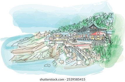 Haedong Yonggungsa Temple and Haeundae Sea in Busan, Buddhist temple in Busan, South Korea - vector illustration