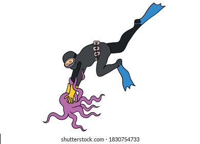 haenyeo (korean female diver)  catches  an octopus. isolated vector image.