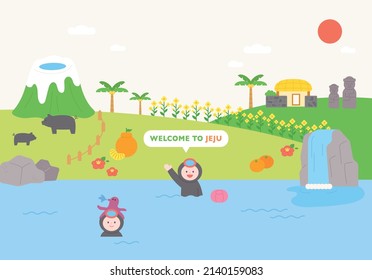 Haenyeo say hello to the natural scenery of Jeju Island. flat design style vector illustration.