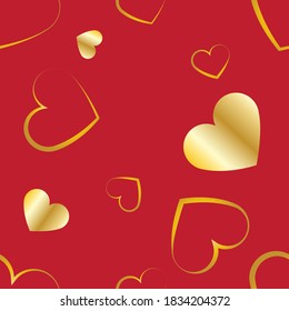 Haerts seamless pattern, Golden hearts on red wallpaper.