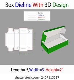 Haf snap lock L=5, W=3, H=2 inch Dieline Template With 3d Design Editable Vector File