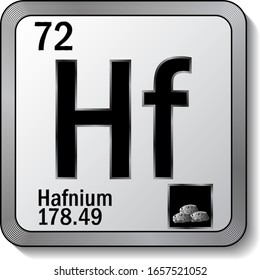 Icono de elemento de tabla periódica Hafnio o Hf en la ilustración vectorial de botón metálico plateado. Etiqueta 3d con sombra suave para la etiqueta de producto químico o elemento de diseño gráfico de página web digital.