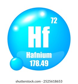 Ícone de háfnio. Hf elemento químico. Número atômico 72. Massa 178,49. Esfera azul.