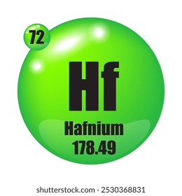 Ícone de háfnio. Hf elemento químico. Número atômico 72. Massa 178,49. Imagem de esfera verde. Símbolo de vetor.