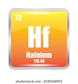 Ícone de háfnio. Hf elemento químico. Número atômico 72. Massa 178,49. Quadrado laranja.