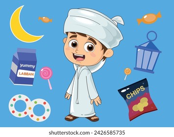 Hag al laila boy. with sweets in this night. character in a blue background. UAE character design