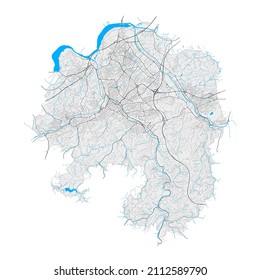 Hagen, North Rhine-Westphalia, Germany high resolution vector map with city boundaries and editable paths. White outlines for main roads. Many detailed paths. Blue shapes and lines for water.