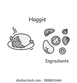 Haggis icon. Scottish specialty sheep liver pudding and neeps dish plate and ingredients linear pictogram. Concept of European food traditions and recipes. Editable stroke vector illustration