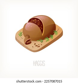 Haggis - traditional British pudding made of liver and lungs. Most classic Irish and Scottish food. Illustration for menu or cook book. Isolated vector image of popular traditional english cafe dish. 