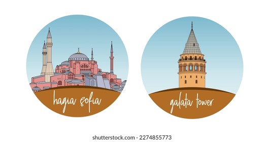 Santa Sofía y la Torre Gálata, monumento de Turquía. Ilustración del vector