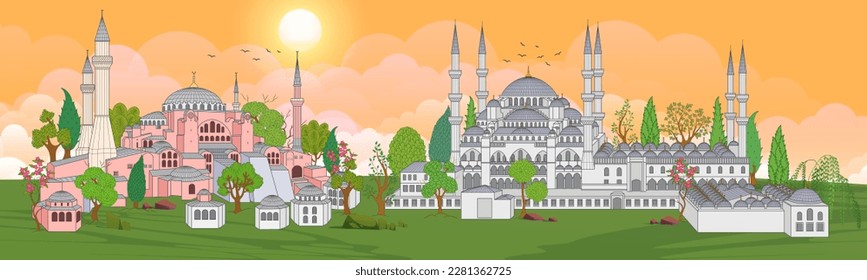 Hagia Sophia and Blue Mosque domes and minarets in the old city of Istanbul. Turkey's turning point. vector illustration